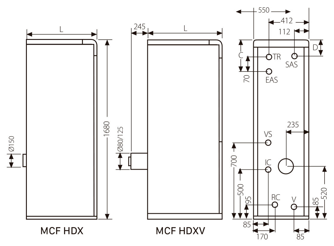 Dimensiones caldera gasoil MCF HDX / HDXV