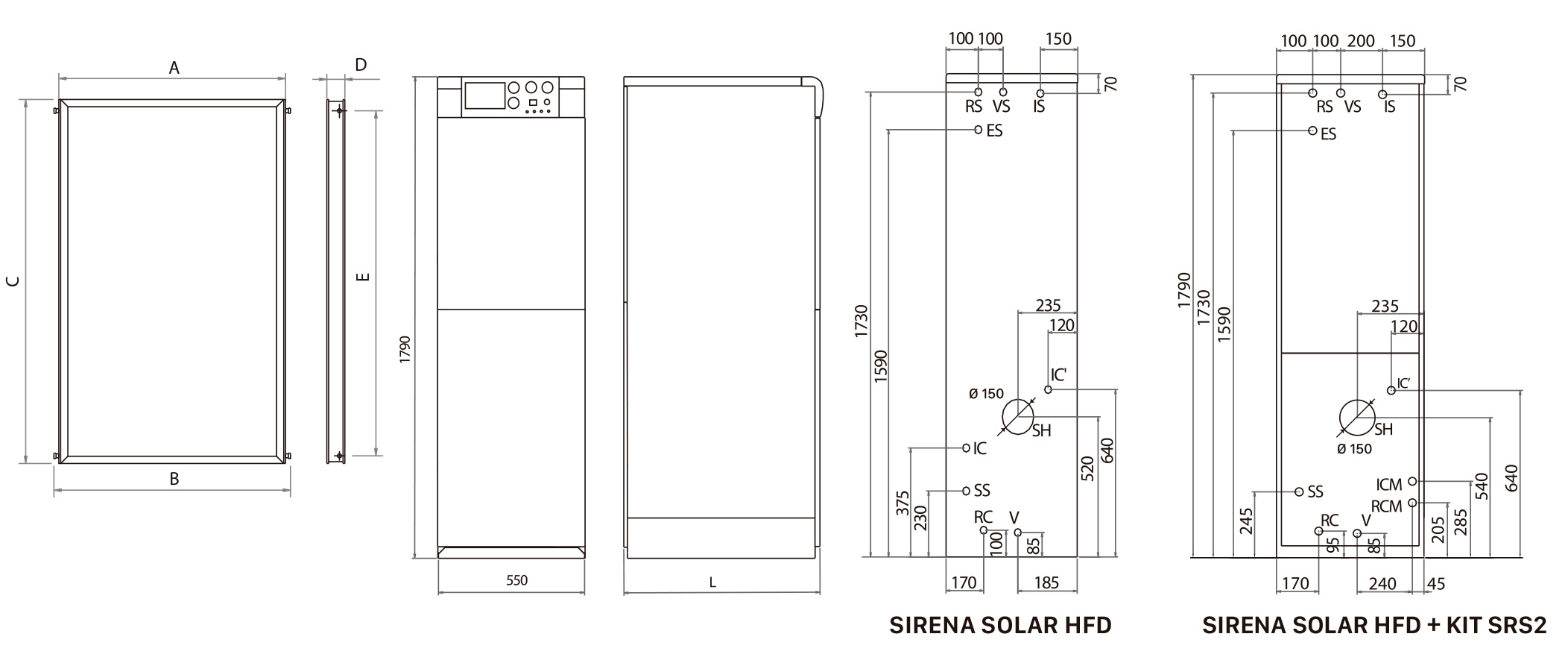 Dimensiones caldera solar híbrida Sirena Solar HFD
